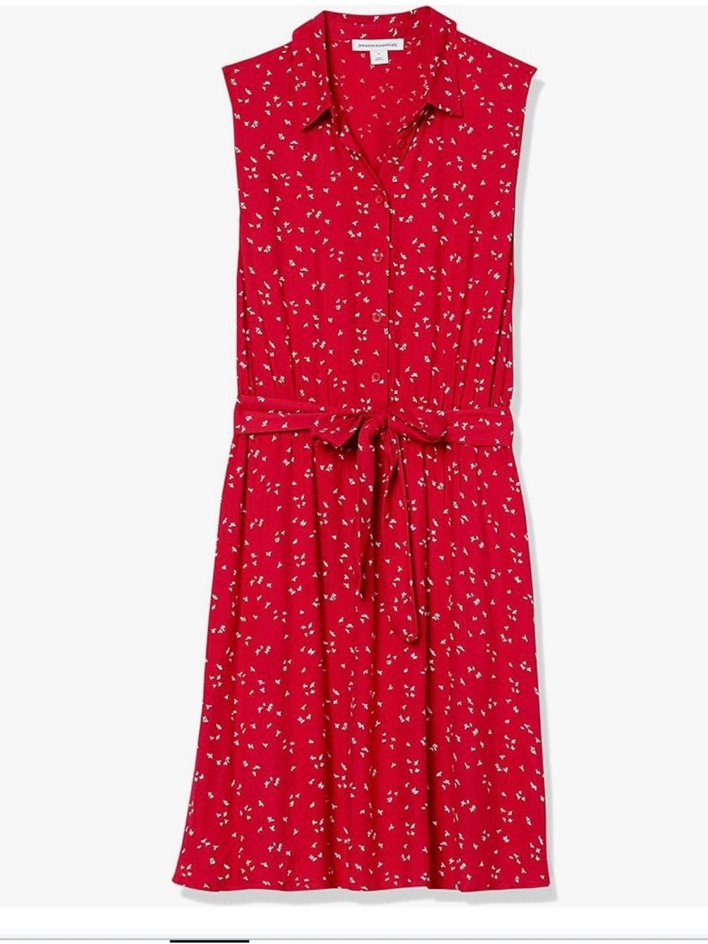 Amazon Essentials Red Sleeveless Tie-Waist Shirt Dress with White Floral Print